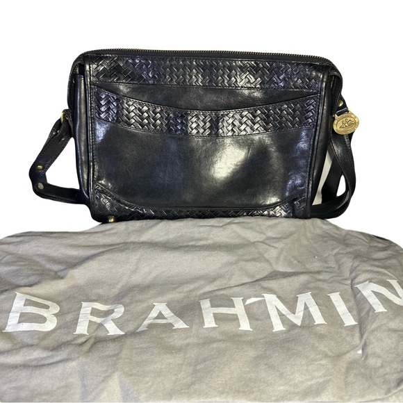 Brahmin Black Woven Leather Messenger Bag